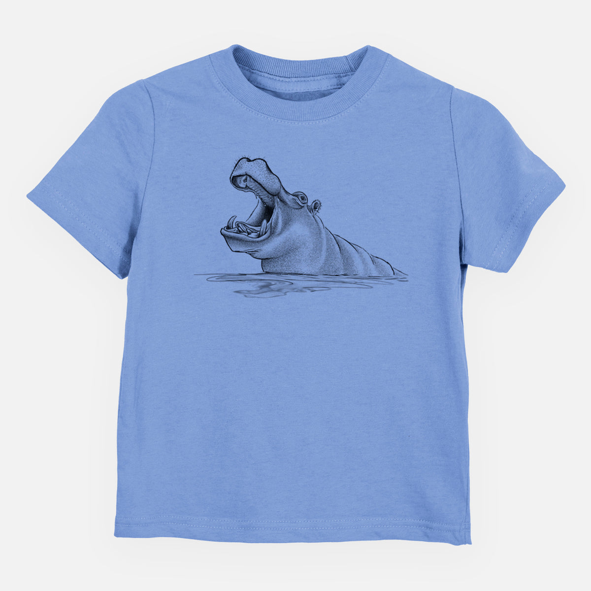 Carolina blue toddler t-shirt laid flat, printed with a black ink illustration of a hippo yawning with its mouth wide open, half submerged in water.