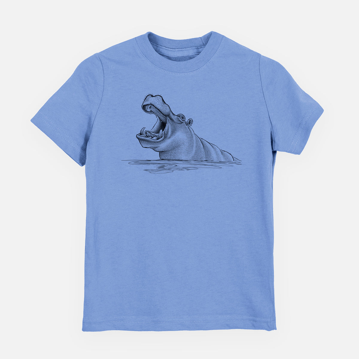Carolina blue youth t-shirt laid flat, printed with a black ink illustration of a hippo yawning with its mouth wide open, half submerged in water.