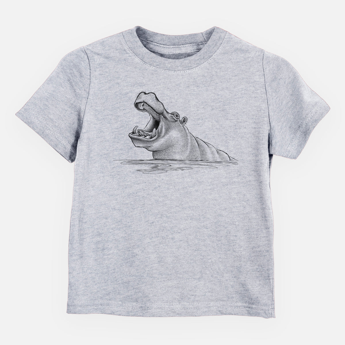 Heather grey toddler t-shirt laid flat, printed with a black ink illustration of a hippo yawning with its mouth wide open, half submerged in water.