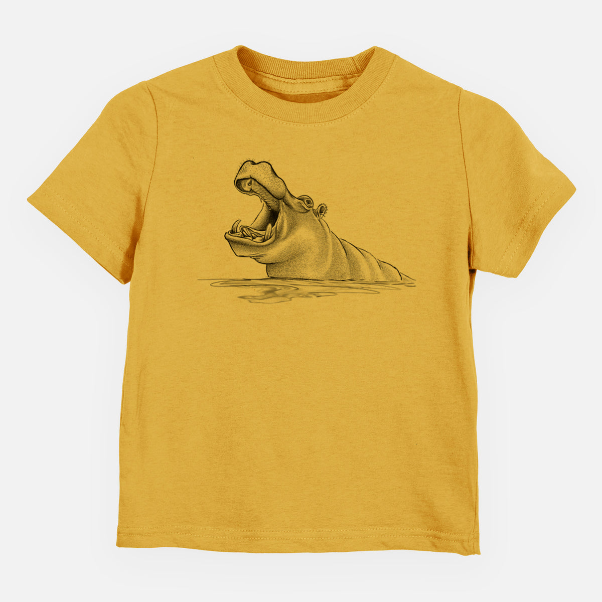 Honeycomb yellow toddler t-shirt laid flat, printed with a black ink illustration of a hippo yawning with its mouth wide open, half submerged in water.