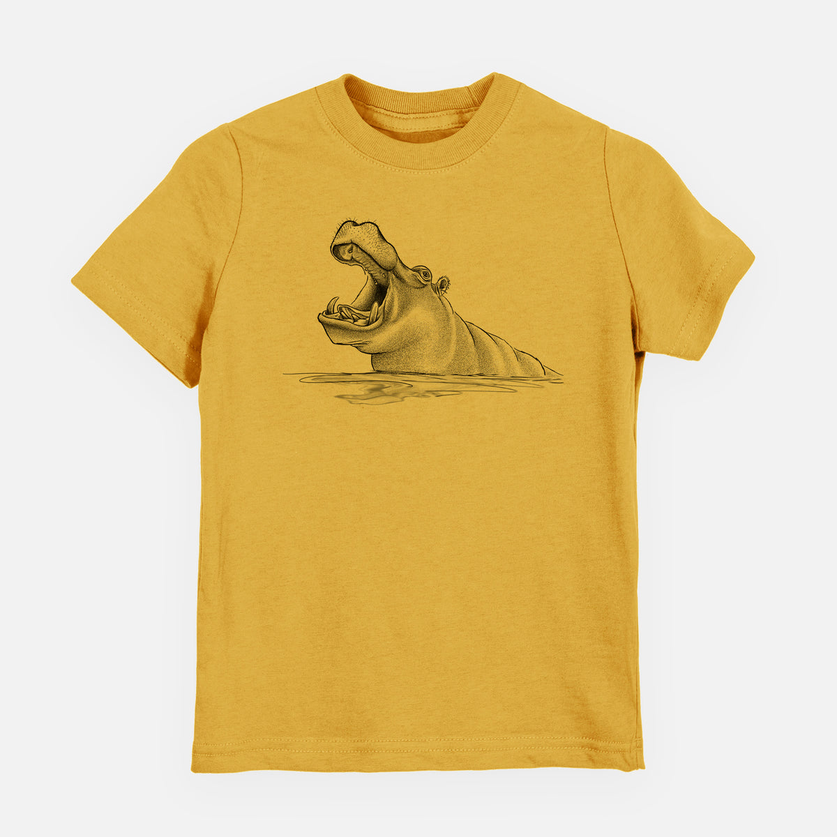 Honeycomb yellow youth t-shirt laid flat, printed with a black ink illustration of a hippo yawning with its mouth wide open, half submerged in water.