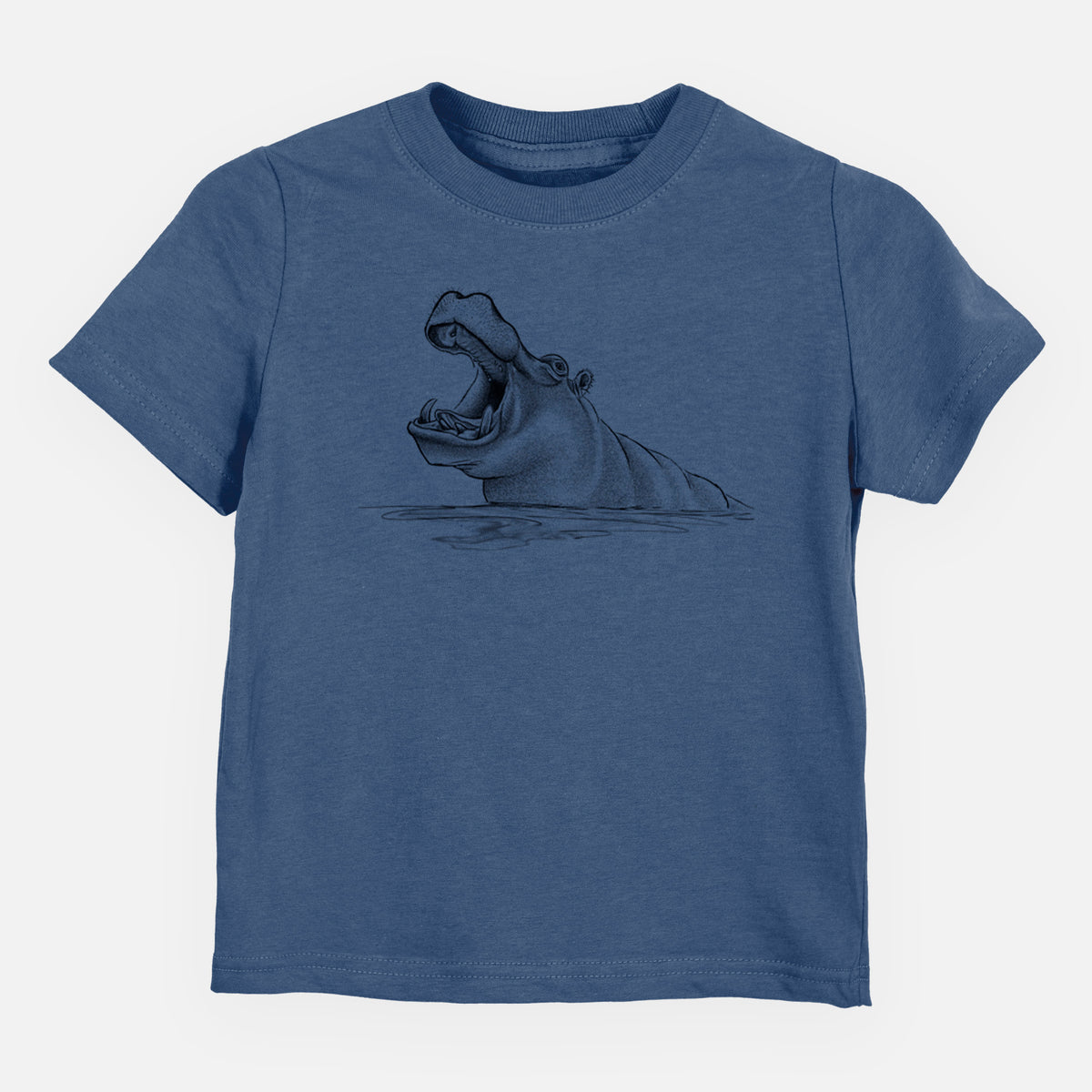 Indigo blue toddler t-shirt laid flat, printed with a black ink illustration of a hippo yawning with its mouth wide open, half submerged in water.