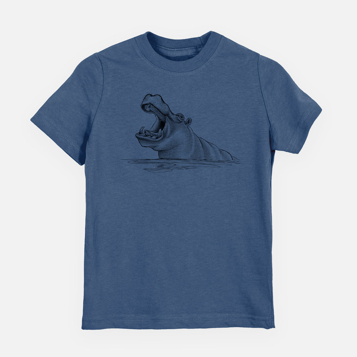 Indigo blue youth t-shirt laid flat, printed with a black ink illustration of a hippo yawning with its mouth wide open, half submerged in water.