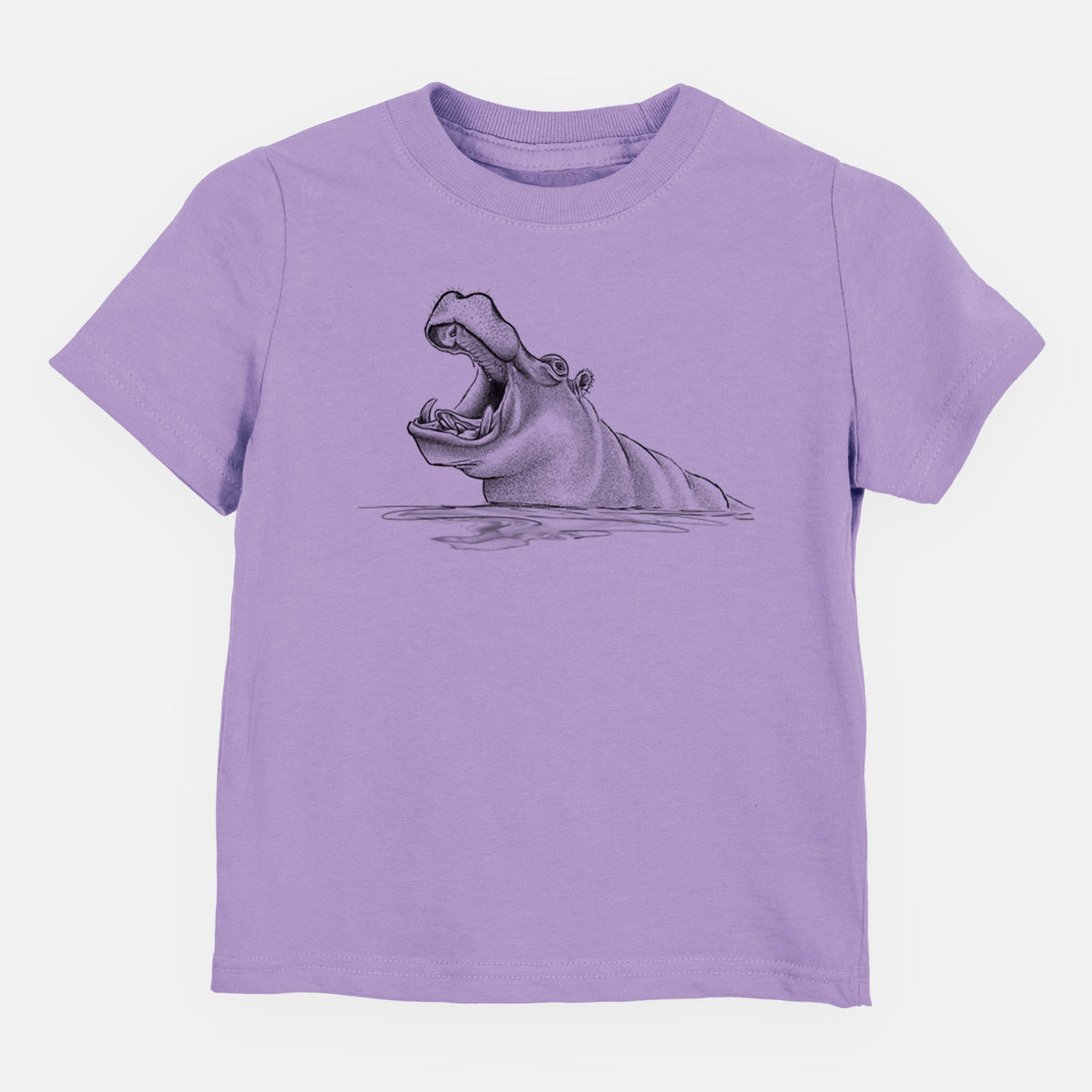 Lavender toddler t-shirt laid flat, printed with a black ink illustration of a hippo yawning with its mouth wide open, half submerged in water.