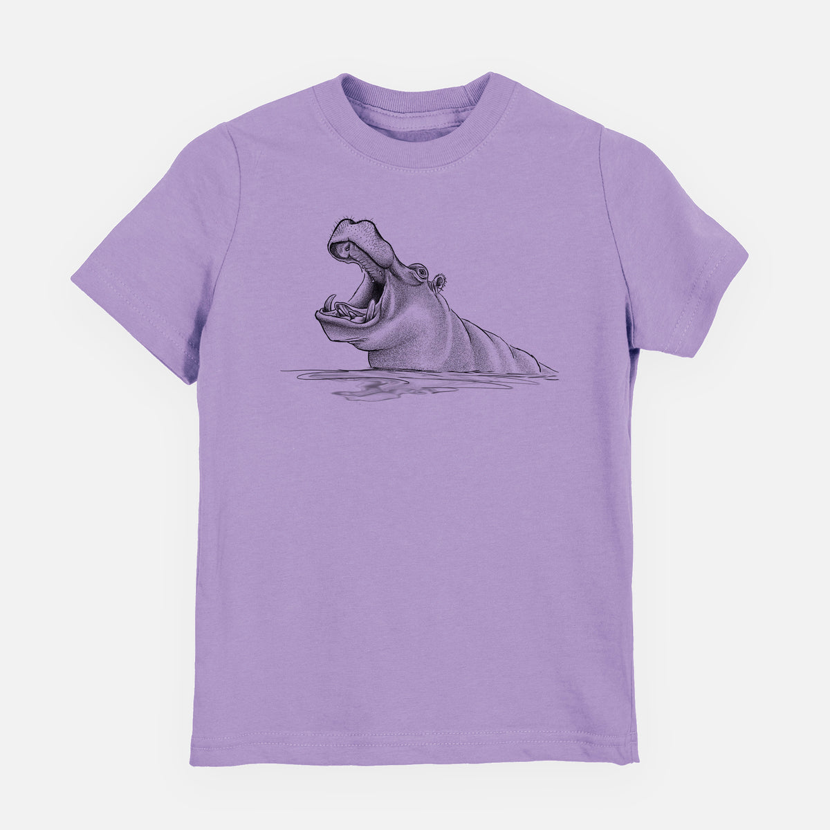 Lavender youth t-shirt laid flat, printed with a black ink illustration of a hippo yawning with its mouth wide open, half submerged in water.