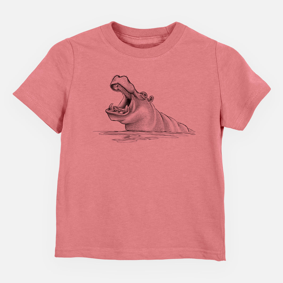 Mauve pink toddler t-shirt laid flat, printed with a black ink illustration of a hippo yawning with its mouth wide open, half submerged in water.