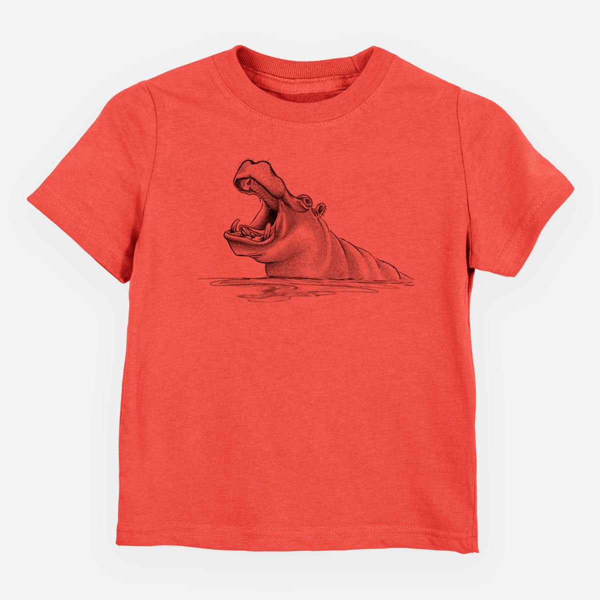 Passionfruit pink toddler t-shirt laid flat, printed with a black ink illustration of a hippo yawning with its mouth wide open, half submerged in water.