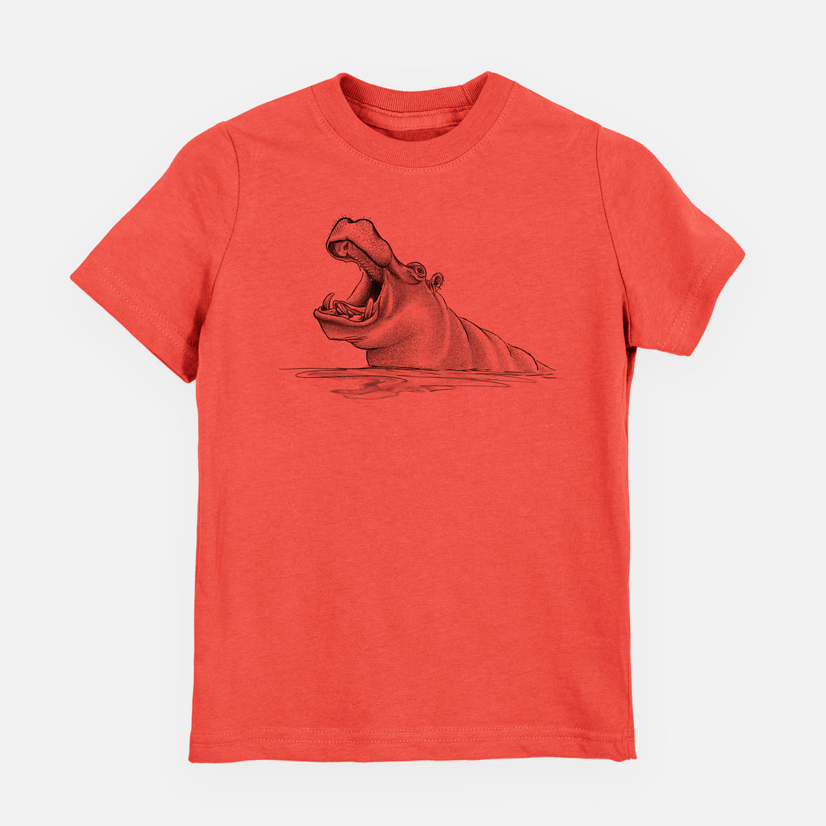 Passionfruit pink youth t-shirt laid flat, printed with a black ink illustration of a hippo yawning with its mouth wide open, half submerged in water.