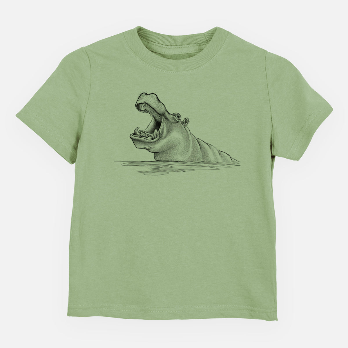Sage green toddler t-shirt laid flat, printed with a black ink illustration of a hippo yawning with its mouth wide open, half submerged in water.