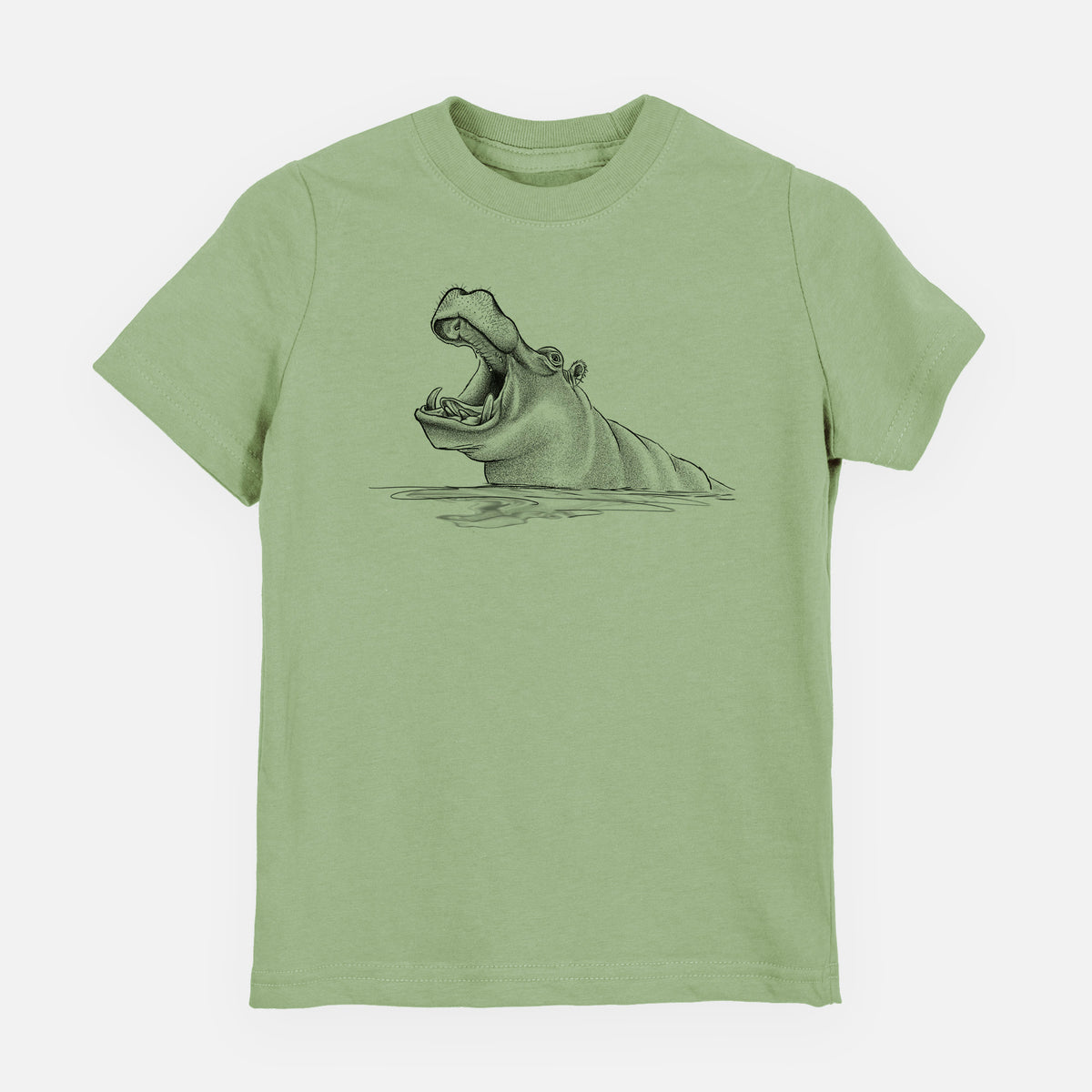 Sage green youth t-shirt laid flat, printed with a black ink illustration of a hippo yawning with its mouth wide open, half submerged in water.