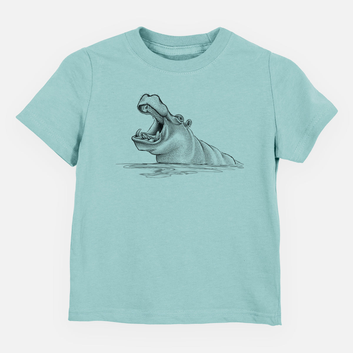 Saltwater toddler t-shirt laid flat, printed with a black ink illustration of a hippo yawning with its mouth wide open, half submerged in water.