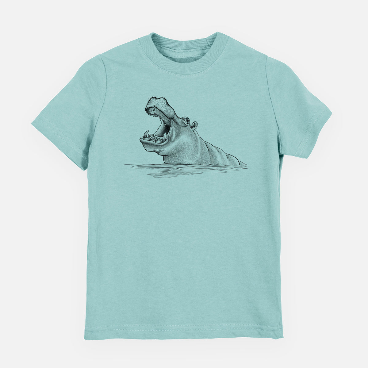Saltwater youth t-shirt laid flat, printed with a black ink illustration of a hippo yawning with its mouth wide open, half submerged in water.