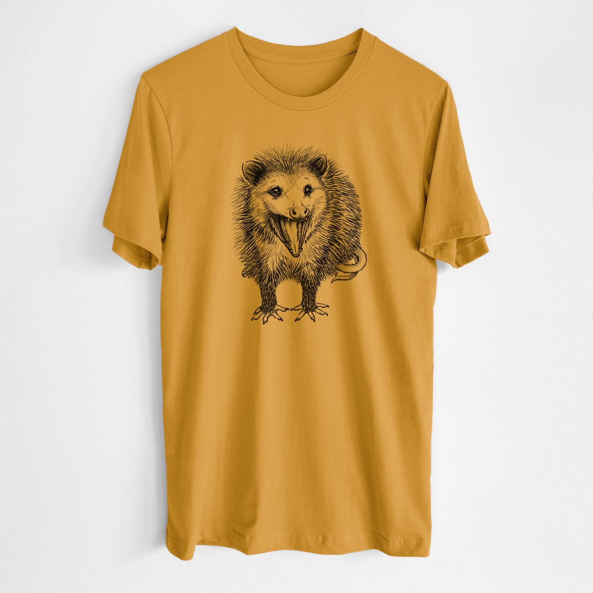 Honeycomb yellow lightweight cotton t-shirt laid flat, printed with a detailed black ink illustration of an opossum standing and facing forward, mouth open wide in a hiss, with shaggy fur and its tail curled behind.