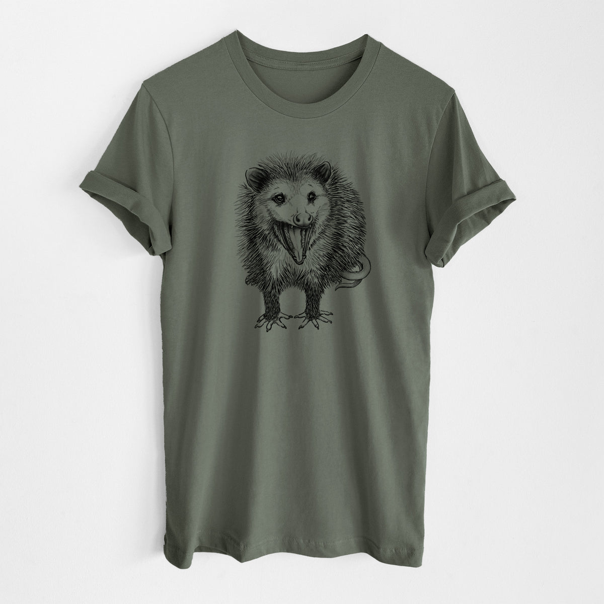 Military green lightweight cotton t-shirt laid flat, printed with a detailed black ink illustration of an opossum standing and facing forward, mouth open wide in a hiss, with shaggy fur and its tail curled behind.