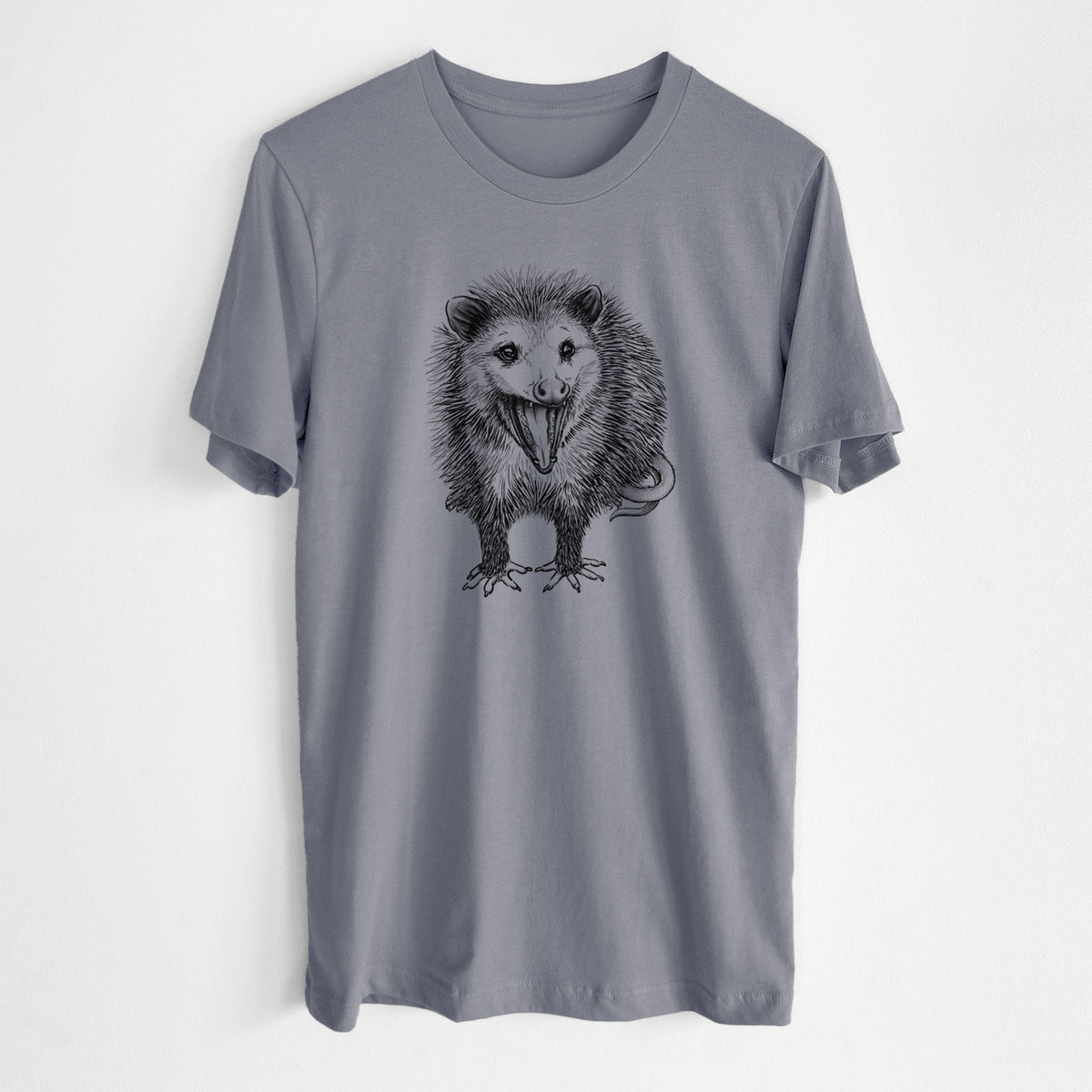 Storm grey lightweight cotton t-shirt laid flat, printed with a detailed black ink illustration of an opossum standing and facing forward, mouth open wide in a hiss, with shaggy fur and its tail curled behind.