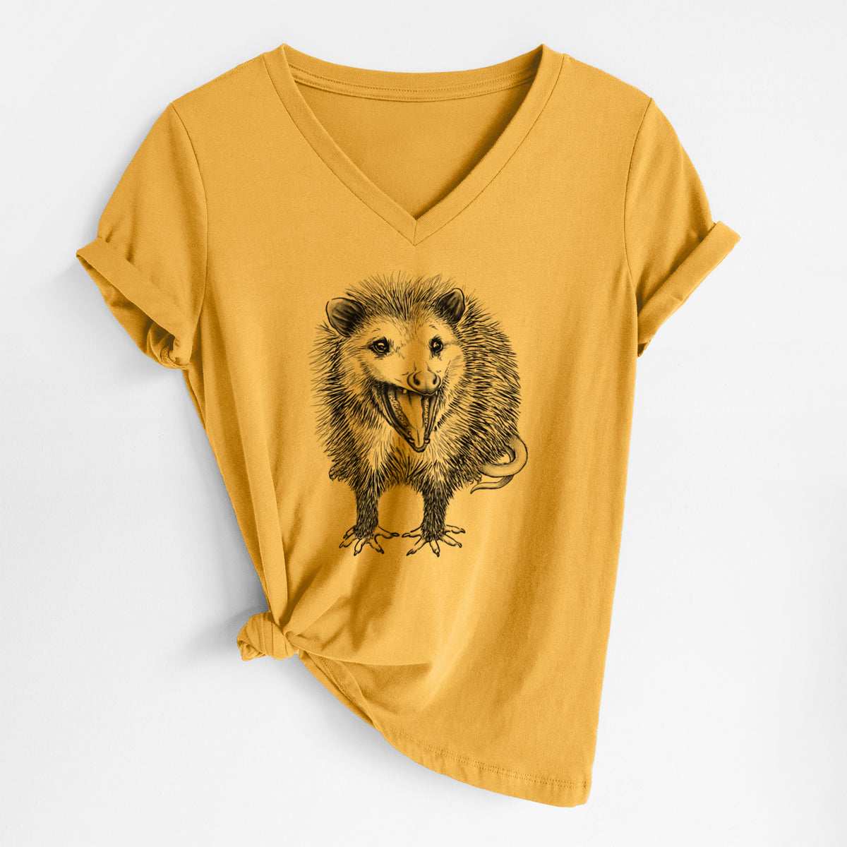Honeycomb yellow women's relaxed fit cotton V-neck t-shirt laid flat, printed with a detailed black ink illustration of an opossum standing and facing forward, mouth open wide in a hiss, with shaggy fur and its tail curled behind.