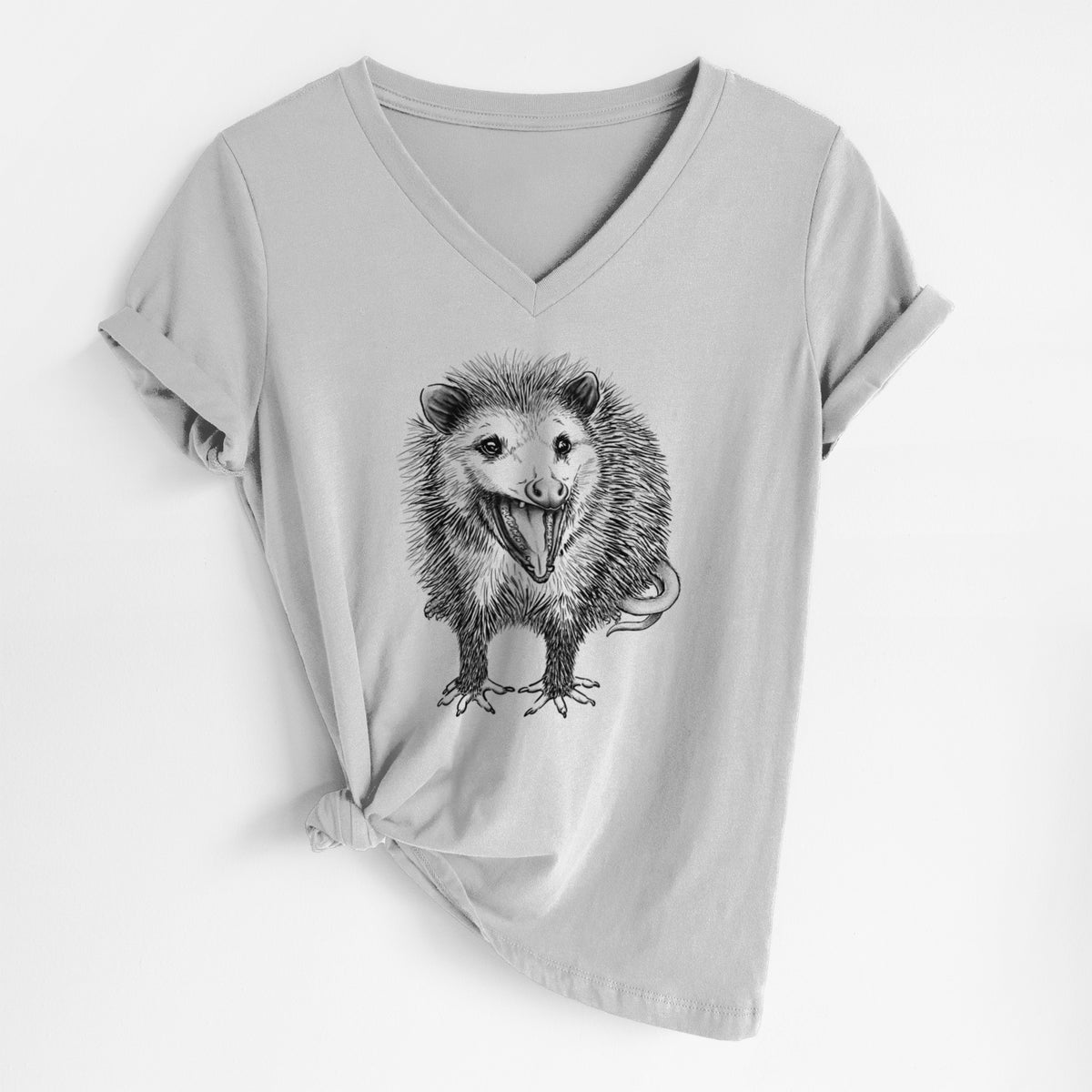 Lunar grey women's relaxed fit cotton V-neck t-shirt laid flat, printed with a detailed black ink illustration of an opossum standing and facing forward, mouth open wide in a hiss, with shaggy fur and its tail curled behind.