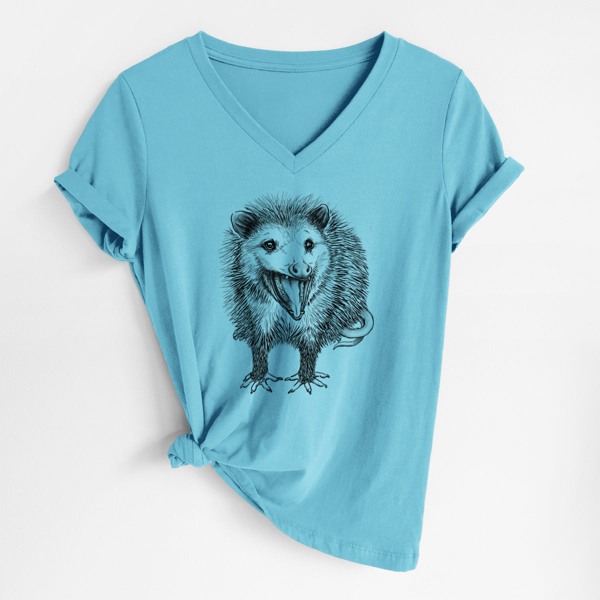 Turquoise women's relaxed fit cotton V-neck t-shirt laid flat, printed with a detailed black ink illustration of an opossum standing and facing forward, mouth open wide in a hiss, with shaggy fur and its tail curled behind.