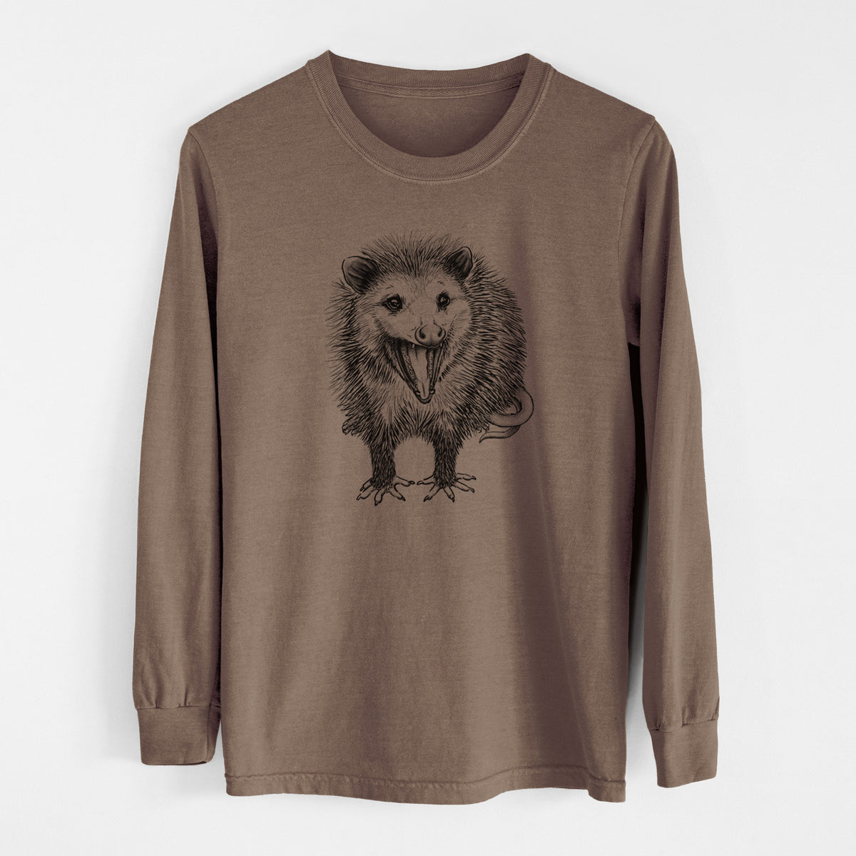 Espresso brown Comfort Colors long sleeve shirt laid flat, printed with a detailed black ink illustration of an opossum standing and facing forward, mouth open wide in a hiss, with shaggy fur and its tail curled behind.