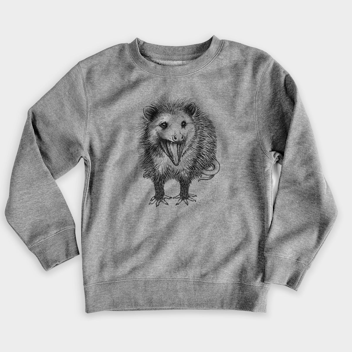 Nickel grey youth crewneck sweatshirt laid flat, printed with a detailed black ink illustration of an opossum standing and facing forward, mouth open wide in a hiss, with shaggy fur and its tail curled behind.