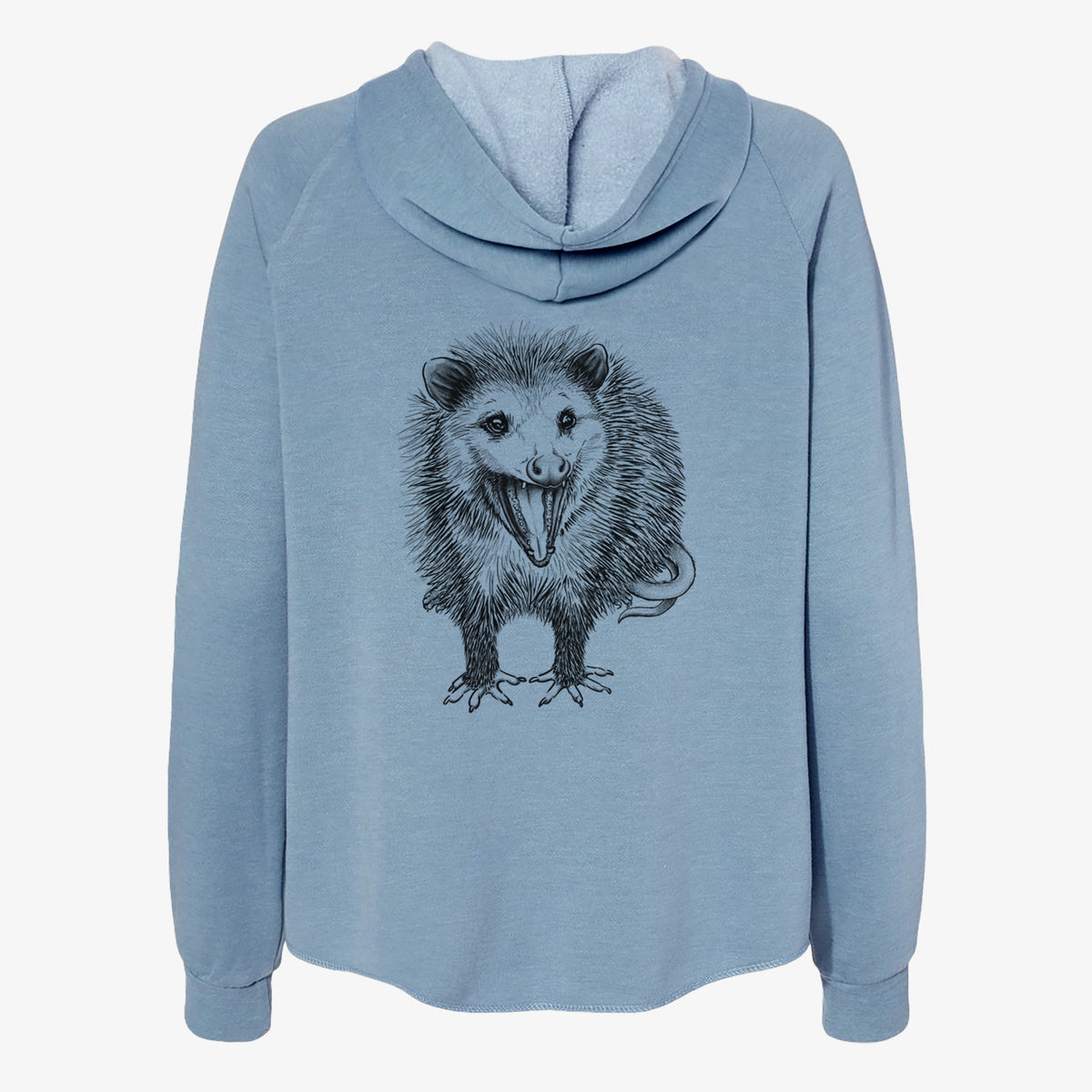 Misty blue women's Cali Wave zip-up sweatshirt laid flat, printed with a detailed black ink illustration of an opossum standing and facing forward, mouth open wide in a hiss, with shaggy fur and its tail curled behind.