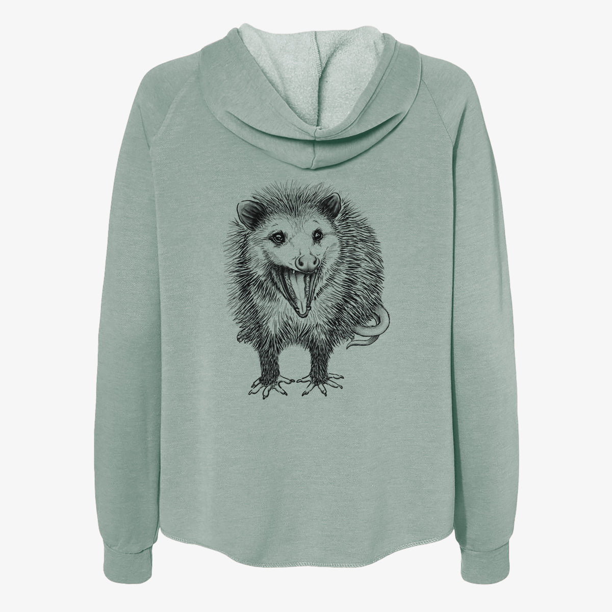 Sage green women's Cali Wave zip-up sweatshirt laid flat, printed with a detailed black ink illustration of an opossum standing and facing forward, mouth open wide in a hiss, with shaggy fur and its tail curled behind.