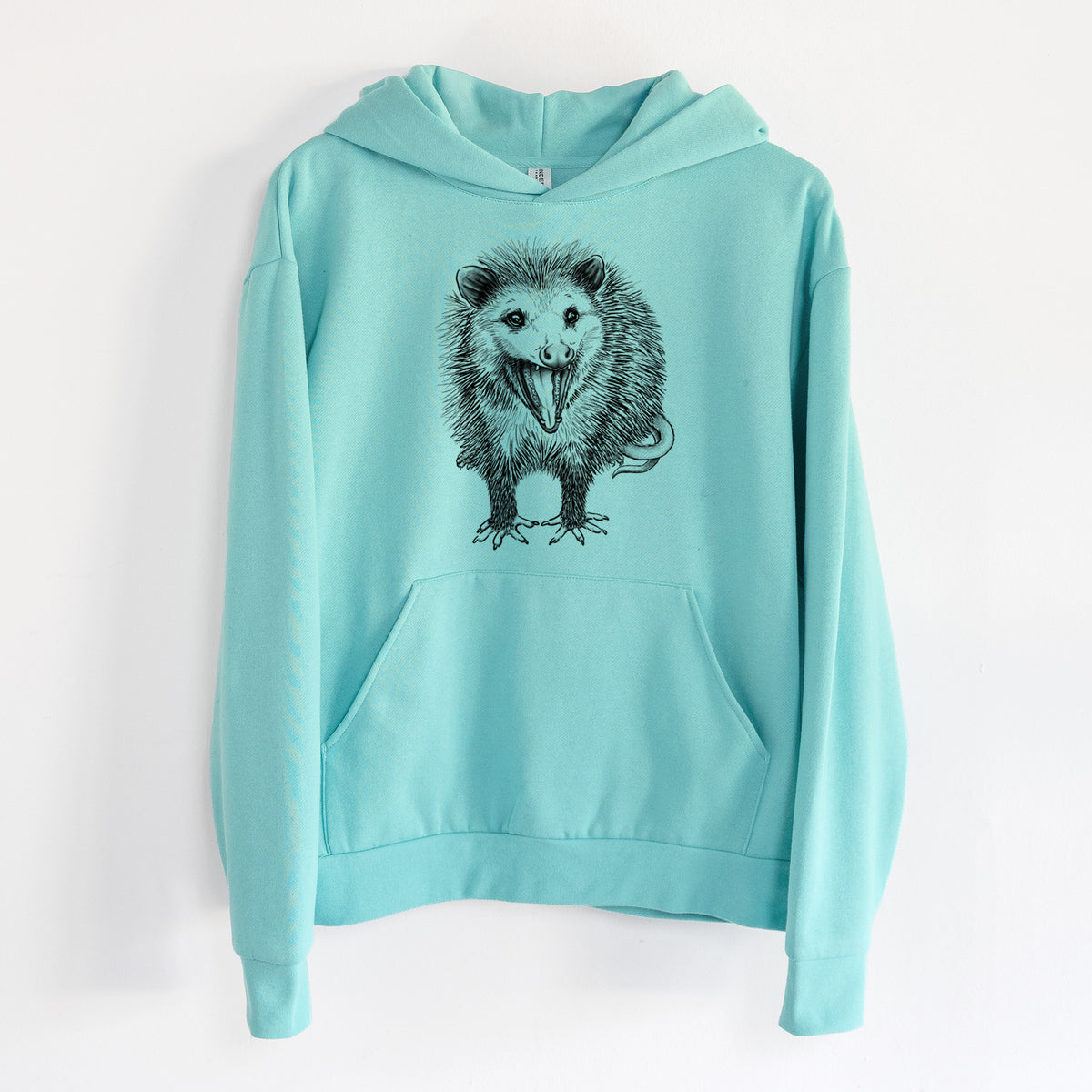 Hissing Opossum - Didelphidae - Statement Midweight Hoodie in Seafoam, hanging on a white wall, with a front kangaroo pocket and no drawcords.