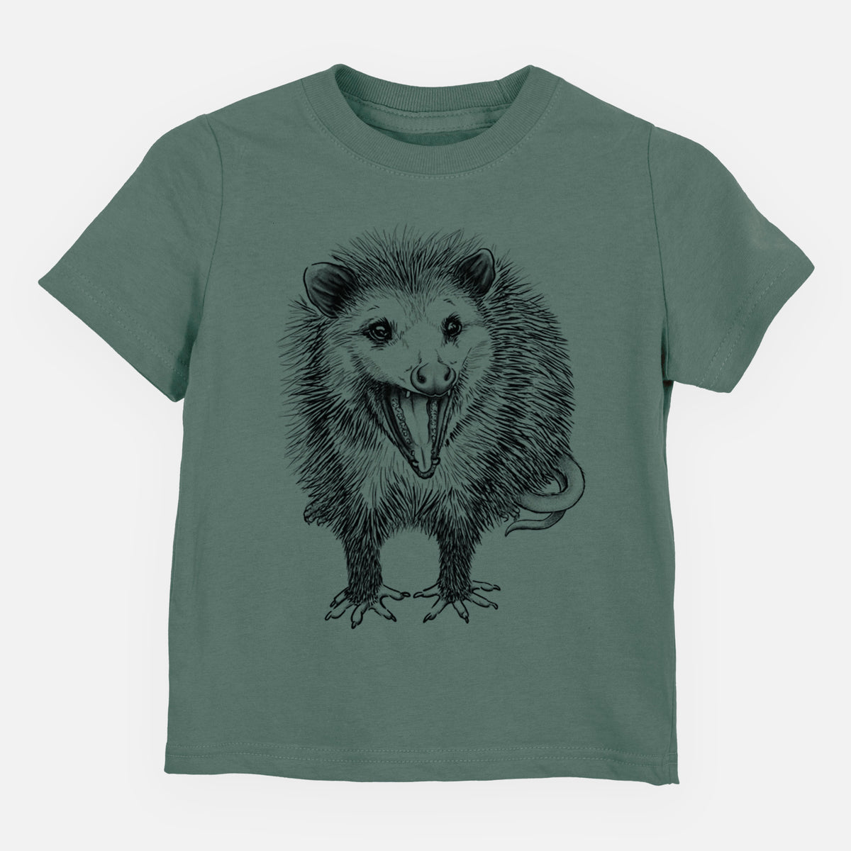 Basil green toddler t-shirt laid flat, printed with a detailed black ink illustration of an opossum standing and facing forward, mouth open wide in a hiss, with shaggy fur and its tail curled behind.