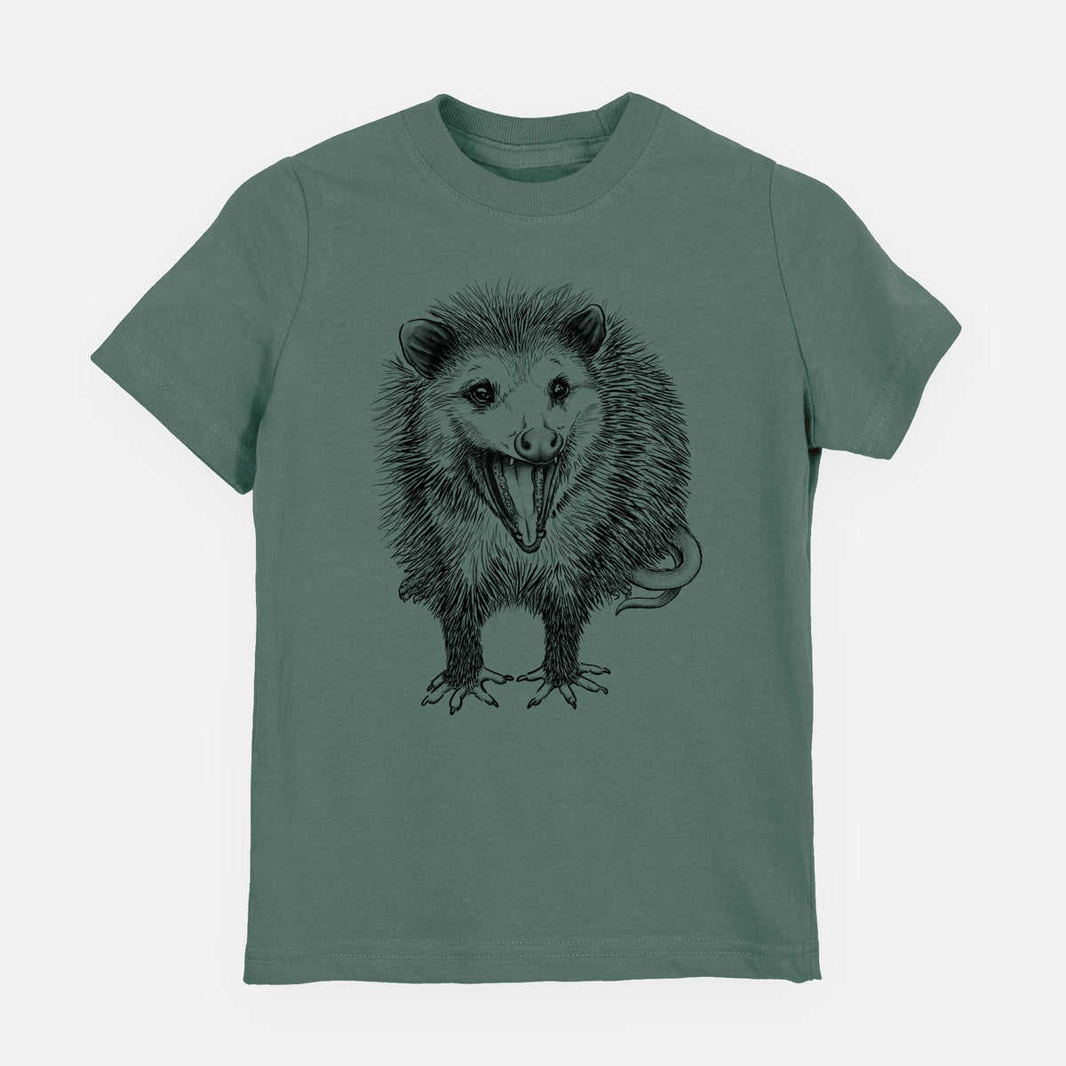 Basil green youth t-shirt laid flat, printed with a detailed black ink illustration of an opossum standing and facing forward, mouth open wide in a hiss, with shaggy fur and its tail curled behind.