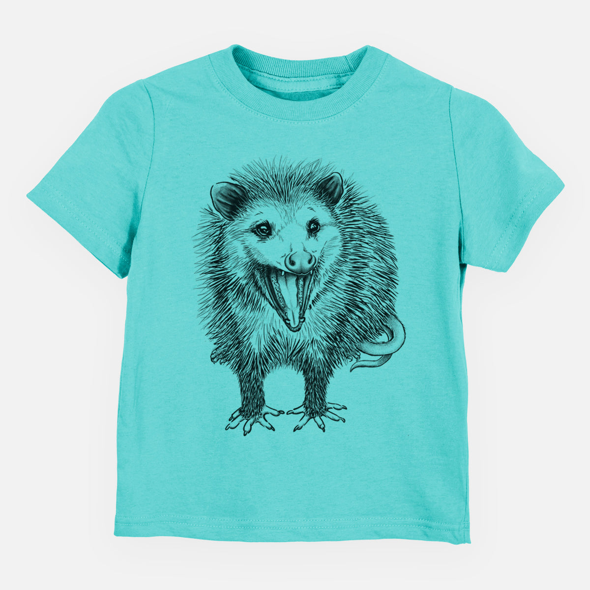 Caribbean blue toddler t-shirt laid flat, printed with a detailed black ink illustration of an opossum standing and facing forward, mouth open wide in a hiss, with shaggy fur and its tail curled behind.