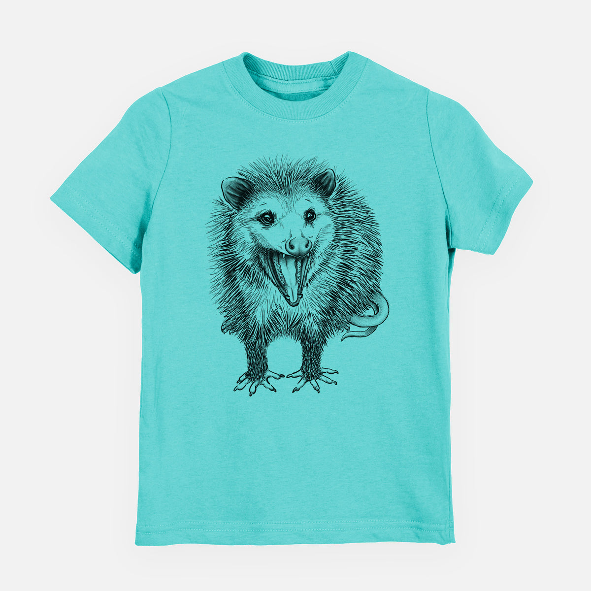 Caribbean blue youth t-shirt laid flat, printed with a detailed black ink illustration of an opossum standing and facing forward, mouth open wide in a hiss, with shaggy fur and its tail curled behind.