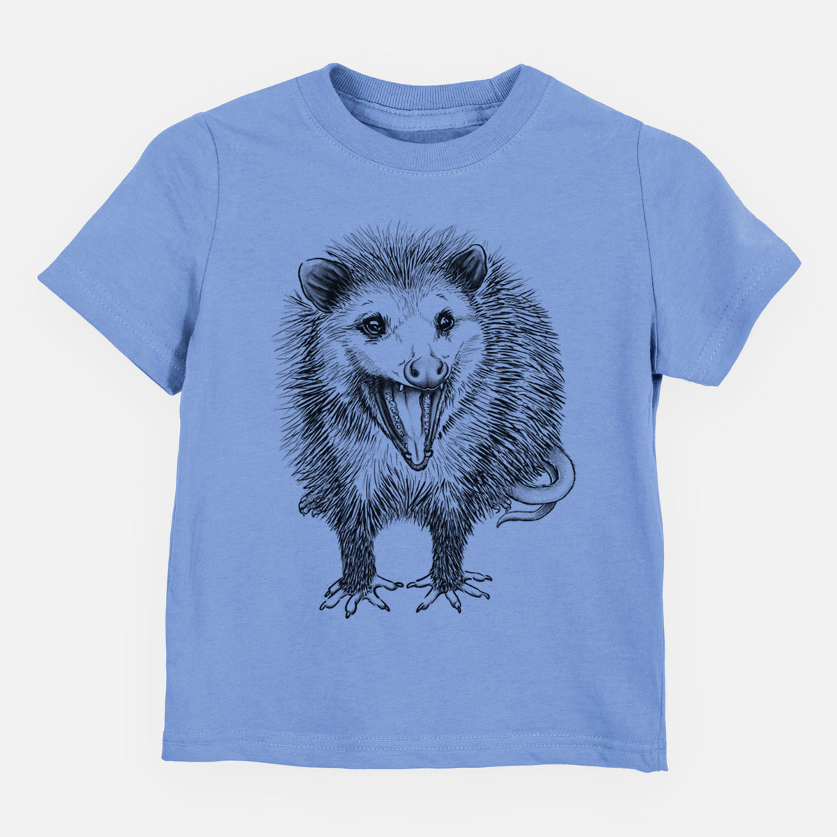 Carolina blue toddler t-shirt laid flat, printed with a detailed black ink illustration of an opossum standing and facing forward, mouth open wide in a hiss, with shaggy fur and its tail curled behind.