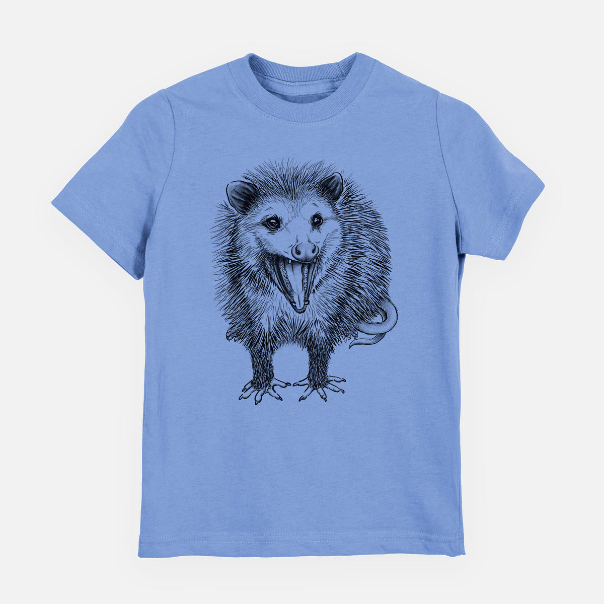Carolina blue youth t-shirt laid flat, printed with a detailed black ink illustration of an opossum standing and facing forward, mouth open wide in a hiss, with shaggy fur and its tail curled behind.