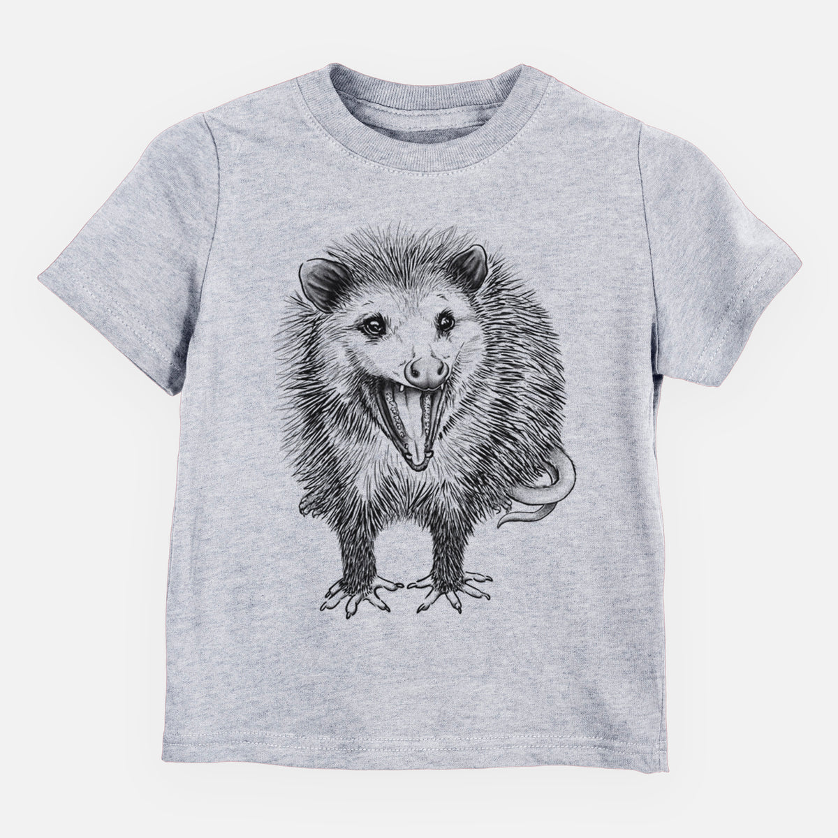 Heather grey toddler t-shirt laid flat, printed with a detailed black ink illustration of an opossum standing and facing forward, mouth open wide in a hiss, with shaggy fur and its tail curled behind.