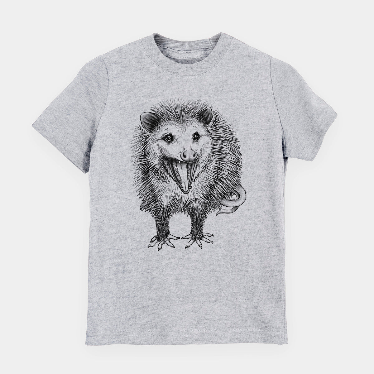 Heather grey youth t-shirt laid flat, printed with a detailed black ink illustration of an opossum standing and facing forward, mouth open wide in a hiss, with shaggy fur and its tail curled behind.