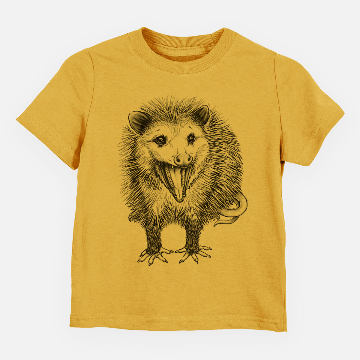 Honeycomb yellow toddler t-shirt laid flat, printed with a detailed black ink illustration of an opossum standing and facing forward, mouth open wide in a hiss, with shaggy fur and its tail curled behind.