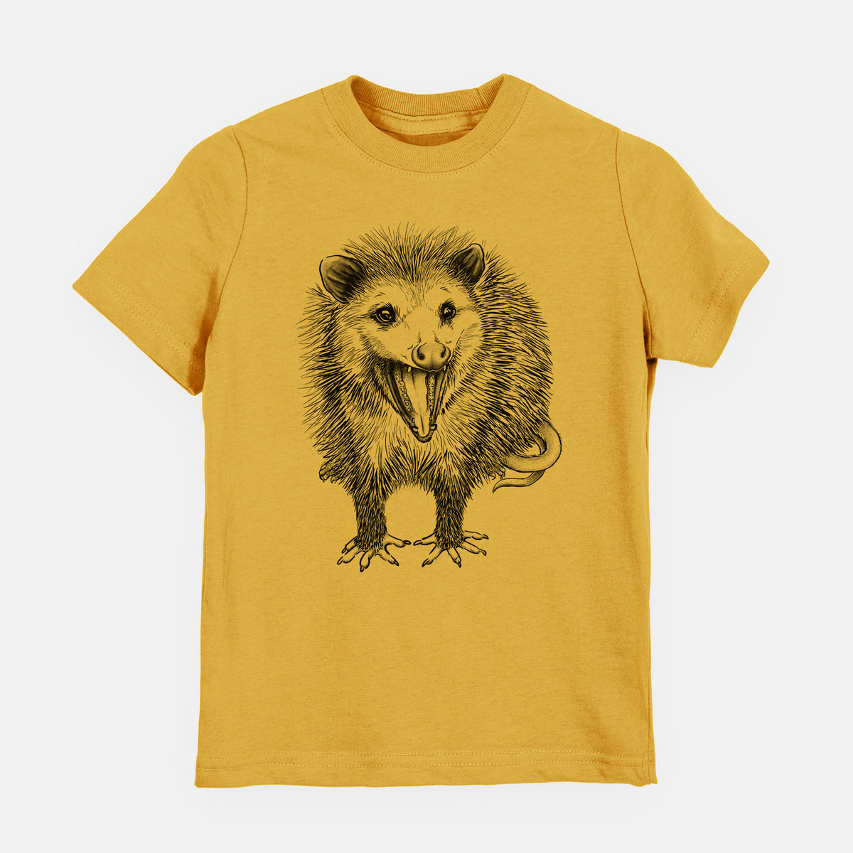 Honeycomb yellow youth t-shirt laid flat, printed with a detailed black ink illustration of an opossum standing and facing forward, mouth open wide in a hiss, with shaggy fur and its tail curled behind.