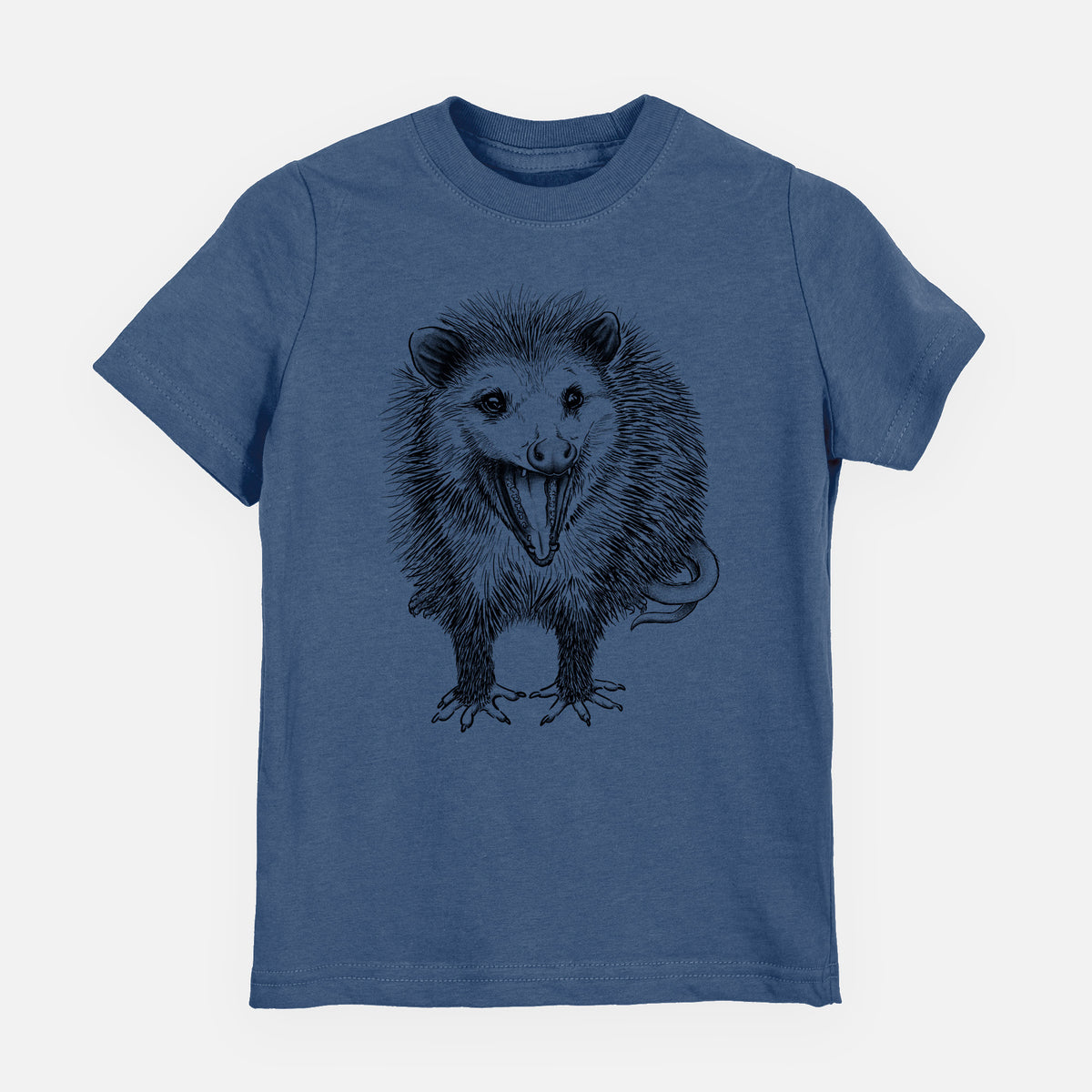 Indigo blue youth t-shirt laid flat, printed with a detailed black ink illustration of an opossum standing and facing forward, mouth open wide in a hiss, with shaggy fur and its tail curled behind.