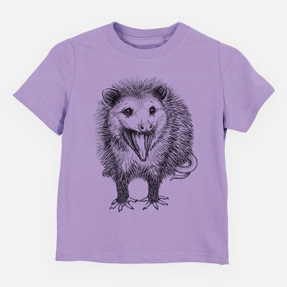 Lavender toddler t-shirt laid flat, printed with a detailed black ink illustration of an opossum standing and facing forward, mouth open wide in a hiss, with shaggy fur and its tail curled behind.
