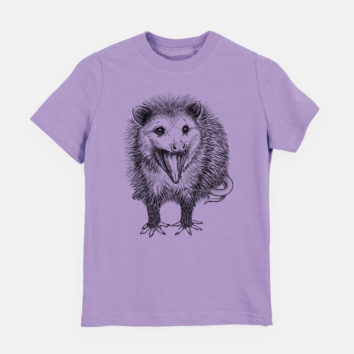 Lavender youth t-shirt laid flat, printed with a detailed black ink illustration of an opossum standing and facing forward, mouth open wide in a hiss, with shaggy fur and its tail curled behind.