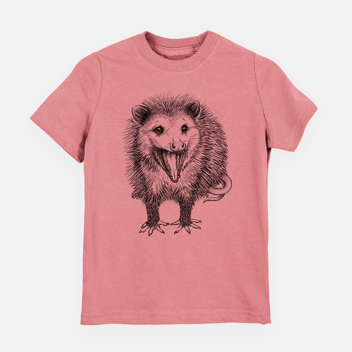 Mauve pink youth t-shirt laid flat, printed with a detailed black ink illustration of an opossum standing and facing forward, mouth open wide in a hiss, with shaggy fur and its tail curled behind.