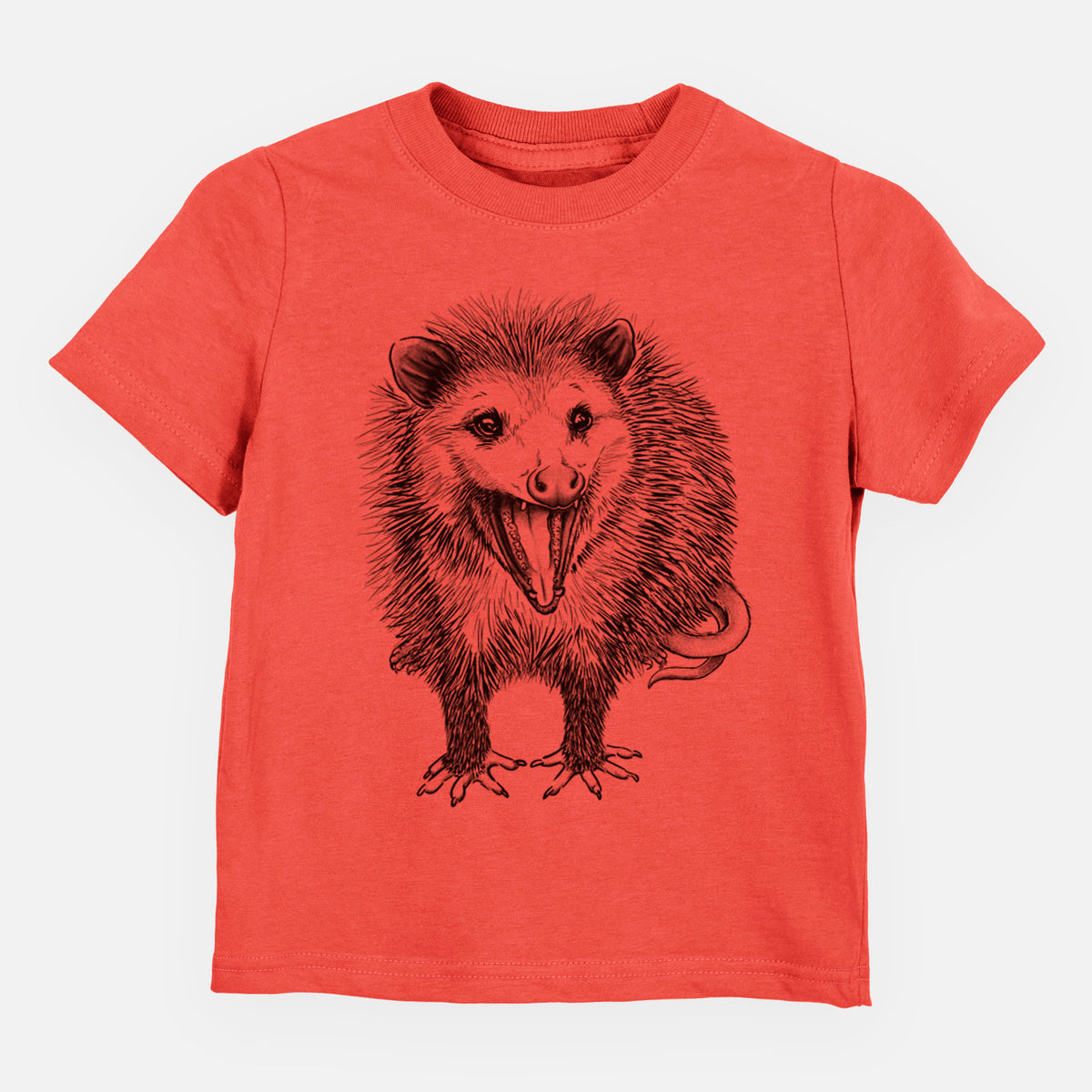 Passionfruit pink toddler t-shirt laid flat, printed with a detailed black ink illustration of an opossum standing and facing forward, mouth open wide in a hiss, with shaggy fur and its tail curled behind.