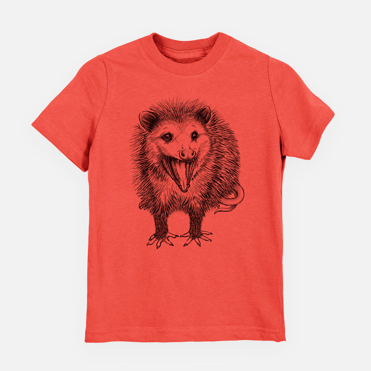 Passionfruit pink youth t-shirt laid flat, printed with a detailed black ink illustration of an opossum standing and facing forward, mouth open wide in a hiss, with shaggy fur and its tail curled behind.