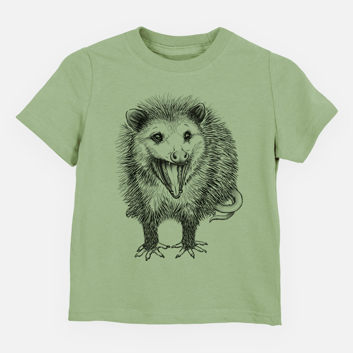 Sage green toddler t-shirt laid flat, printed with a detailed black ink illustration of an opossum standing and facing forward, mouth open wide in a hiss, with shaggy fur and its tail curled behind.
