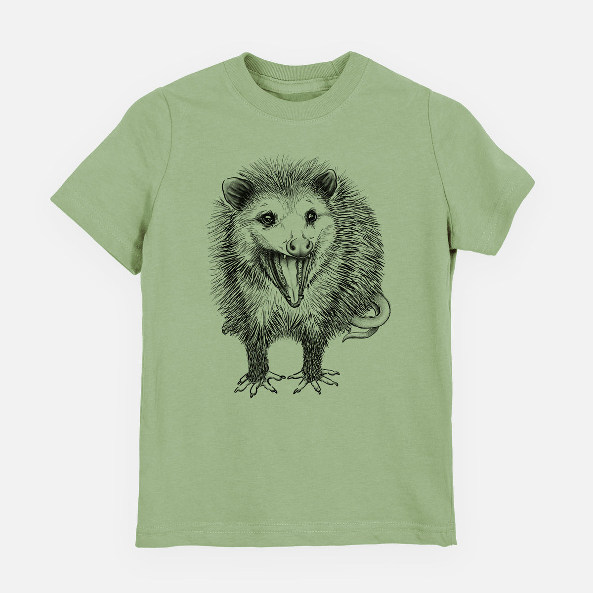 Sage green youth t-shirt laid flat, printed with a detailed black ink illustration of an opossum standing and facing forward, mouth open wide in a hiss, with shaggy fur and its tail curled behind.