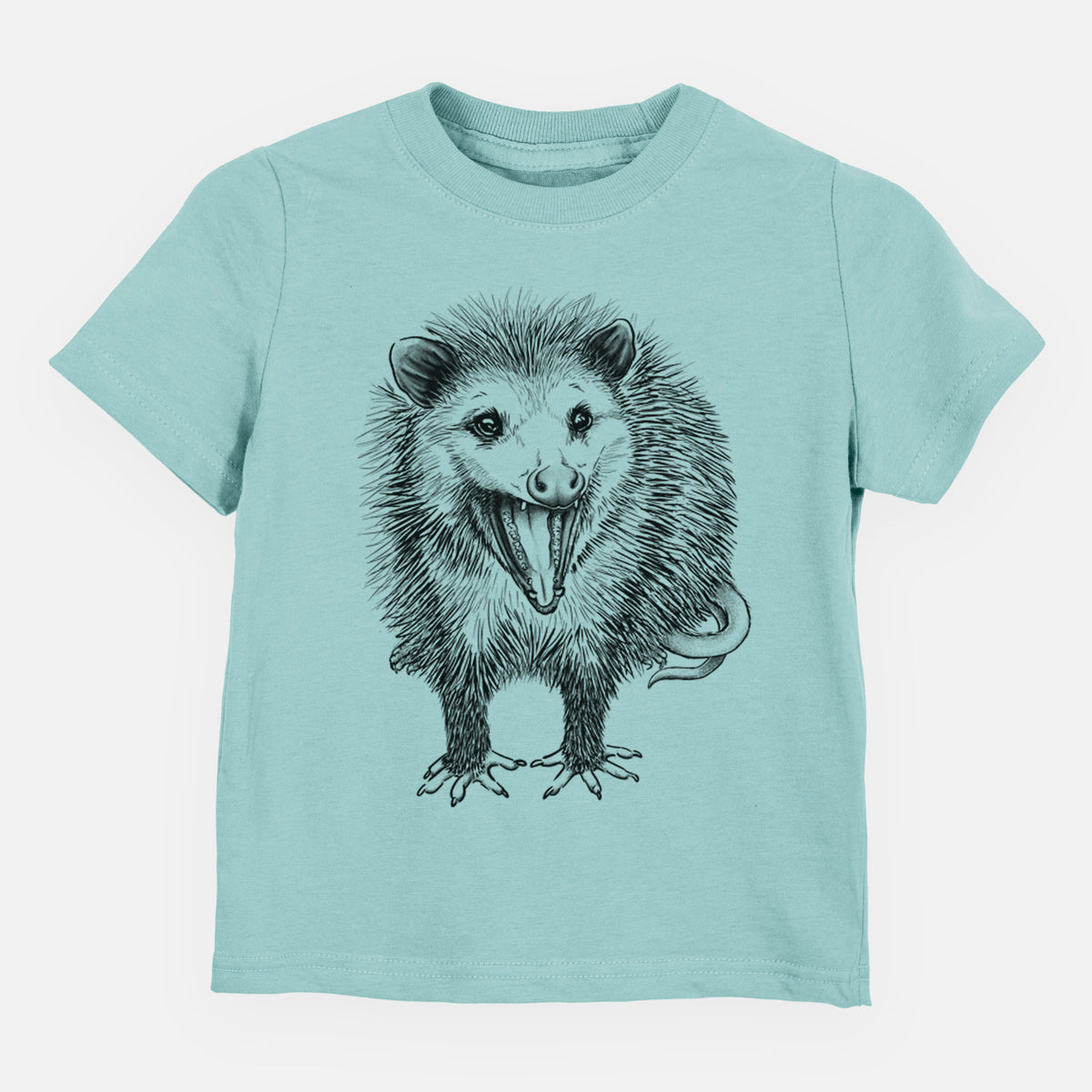 Saltwater toddler t-shirt laid flat, printed with a detailed black ink illustration of an opossum standing and facing forward, mouth open wide in a hiss, with shaggy fur and its tail curled behind.