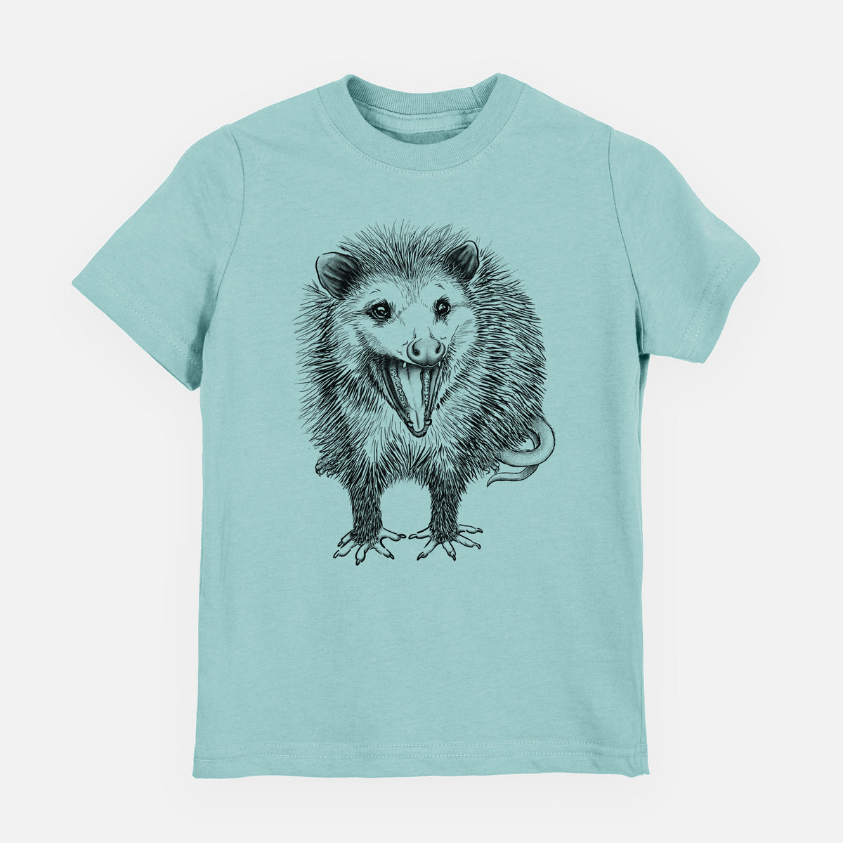 Saltwater youth t-shirt laid flat, printed with a detailed black ink illustration of an opossum standing and facing forward, mouth open wide in a hiss, with shaggy fur and its tail curled behind.