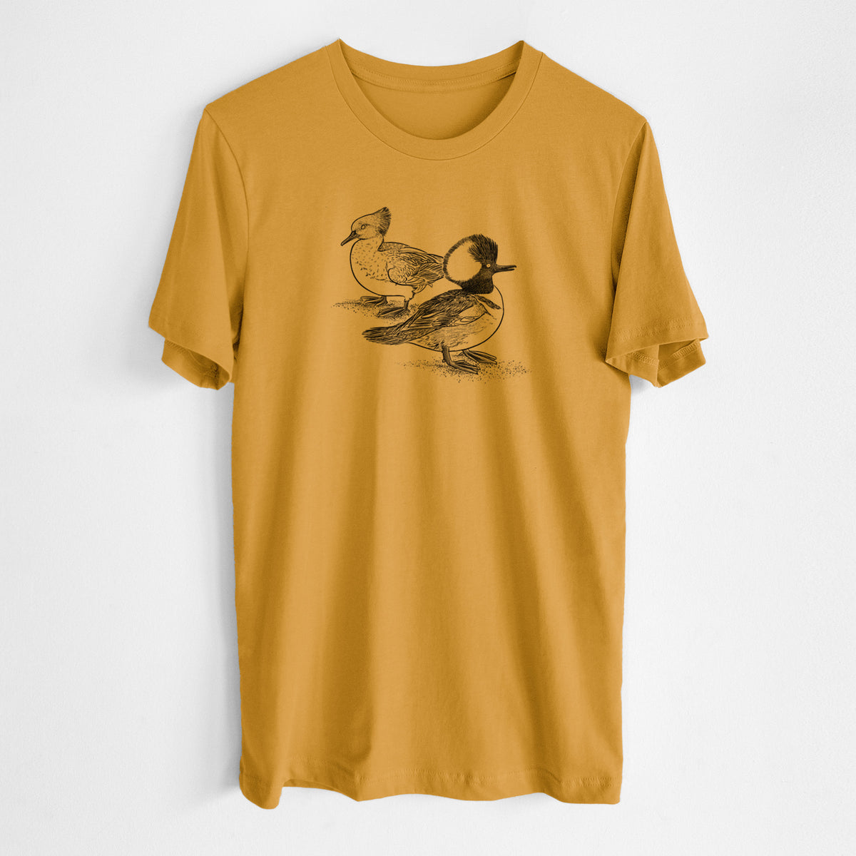 Honeycomb yellow lightweight cotton t-shirt laid flat, printed with a detailed black ink illustration of a pair of hooded mergansers, male and female.