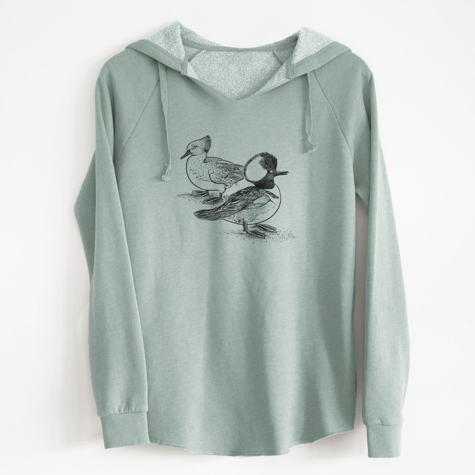 Sage green women's Cali Wave hooded sweatshirt laid flat, printed with a detailed black ink illustration of a pair of hooded mergansers, male and female.