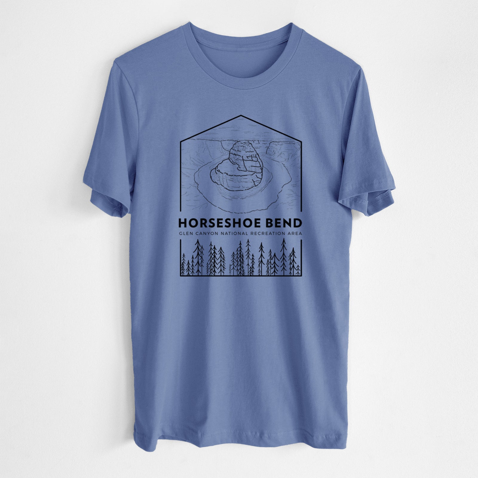 Blue bell lightweight cotton t-shirt laid flat, printed with a black line art badge of Horseshoe Bend above pine trees, with the words Horseshoe Bend.